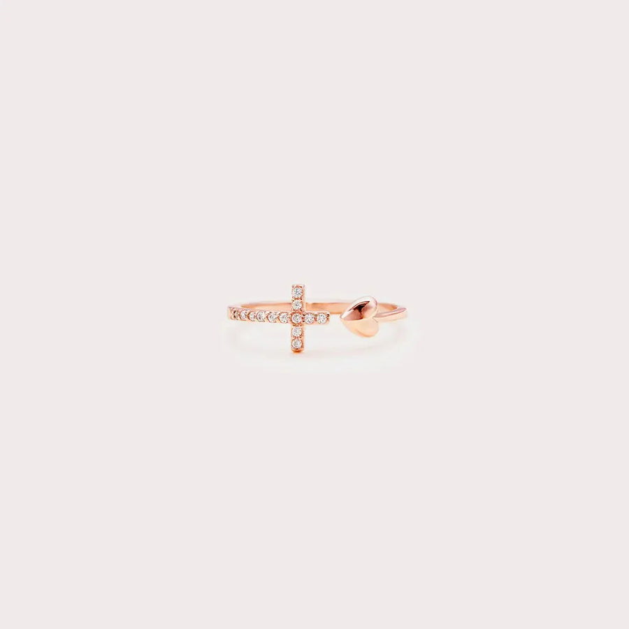 Rose gold ring with pave diamond cross and heart detail