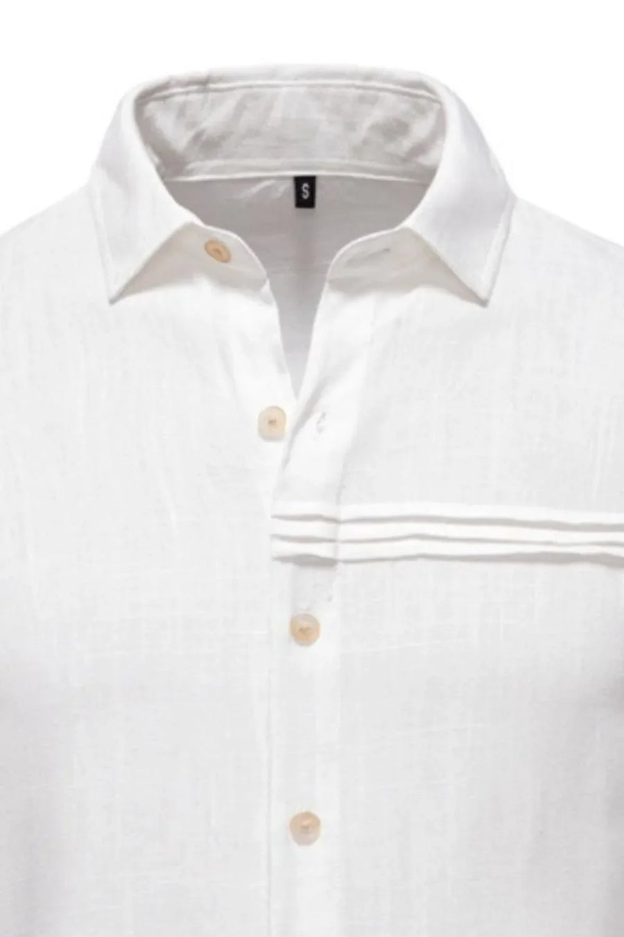 White linen shirt with buttoned collar, pleated pocket detail, and natural buttons.