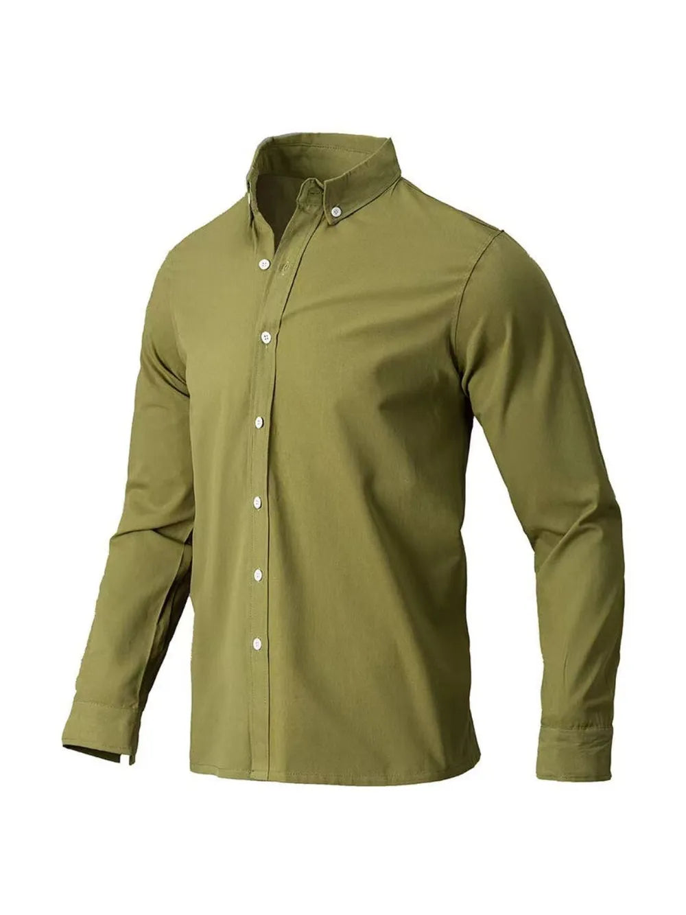 Olive green Oxford button-down shirt with a relaxed fit and white buttons.