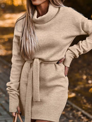 Khaki with Turtleneck Belted Knit Dress