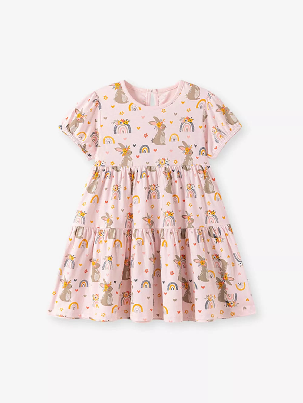 Pink cotton tiered dress with playful bunny and rainbow print, short sleeves, above knee length.