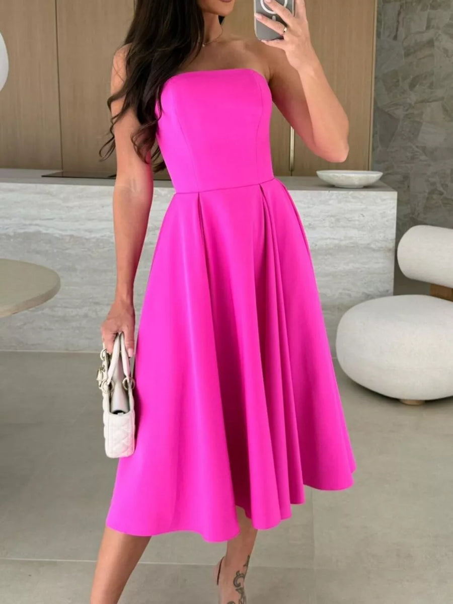 Strapless Ruched A-line Midi Dress in beige with ruched
