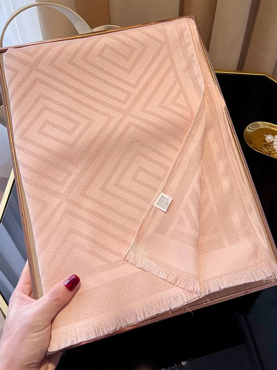 Pink Tencel cotton scarf with geometric pattern and fringe detail