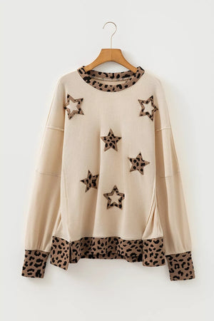 Khaki with Contrast Leopard Star Patchwork Sweatshirt in Khaki