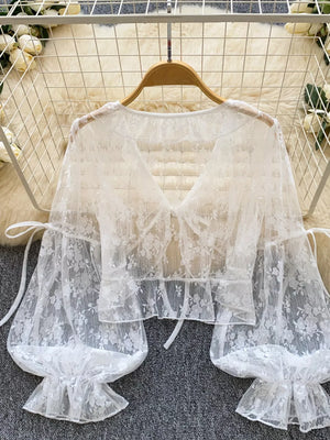 Apricot Sheer Lace Tie Front Flounce Sleeve Top