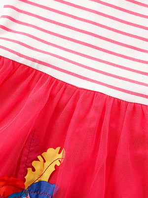 Toddler dress with pink stripes and embroidered elephant applique on red tulle skirt.