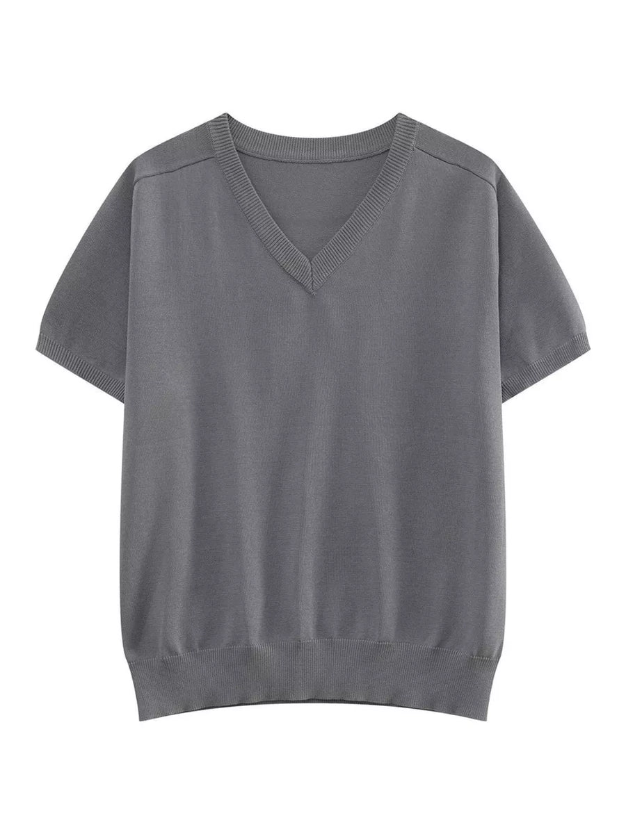 Men's light gray V-neck knit t-shirt with short sleeves and ribbed hem.