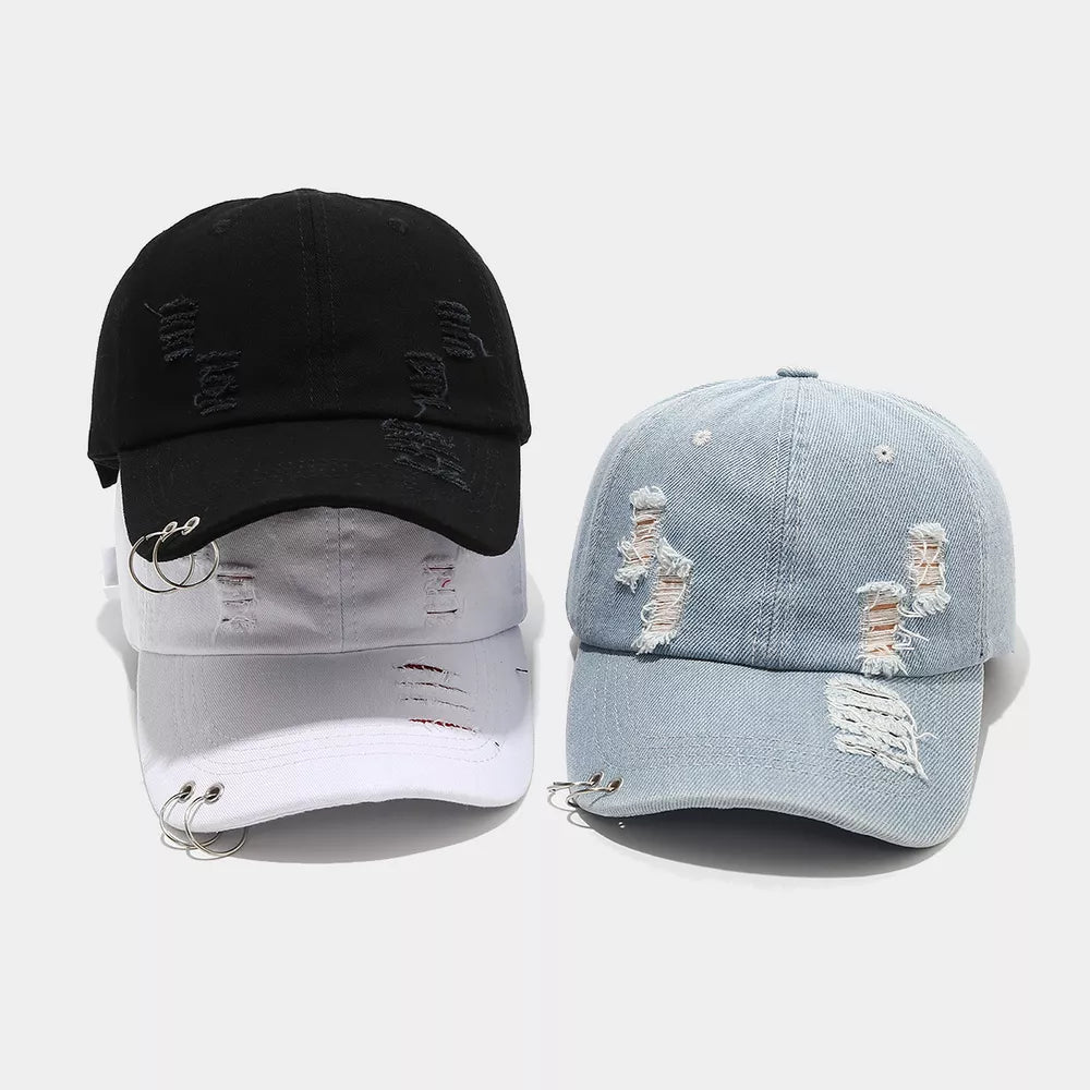 cap in black featuring distressed and fitted fit