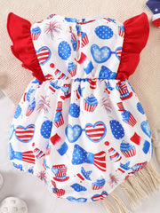 Baby one-piece with patriotic print, red ruffle sleeves, and cupcake and heart sunglasses details.