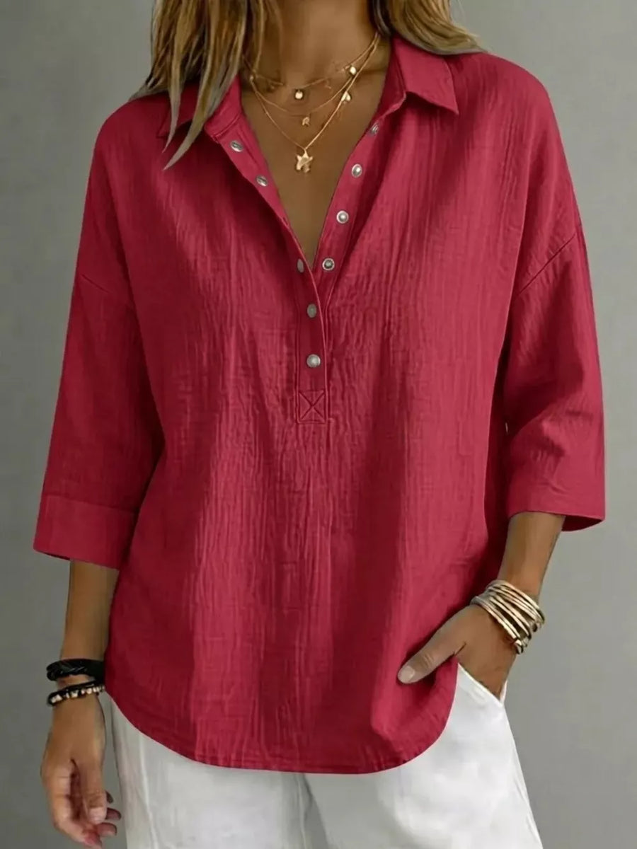Khaki Full Size Snap Down 3/4 Sleeve Blouse Plus Size