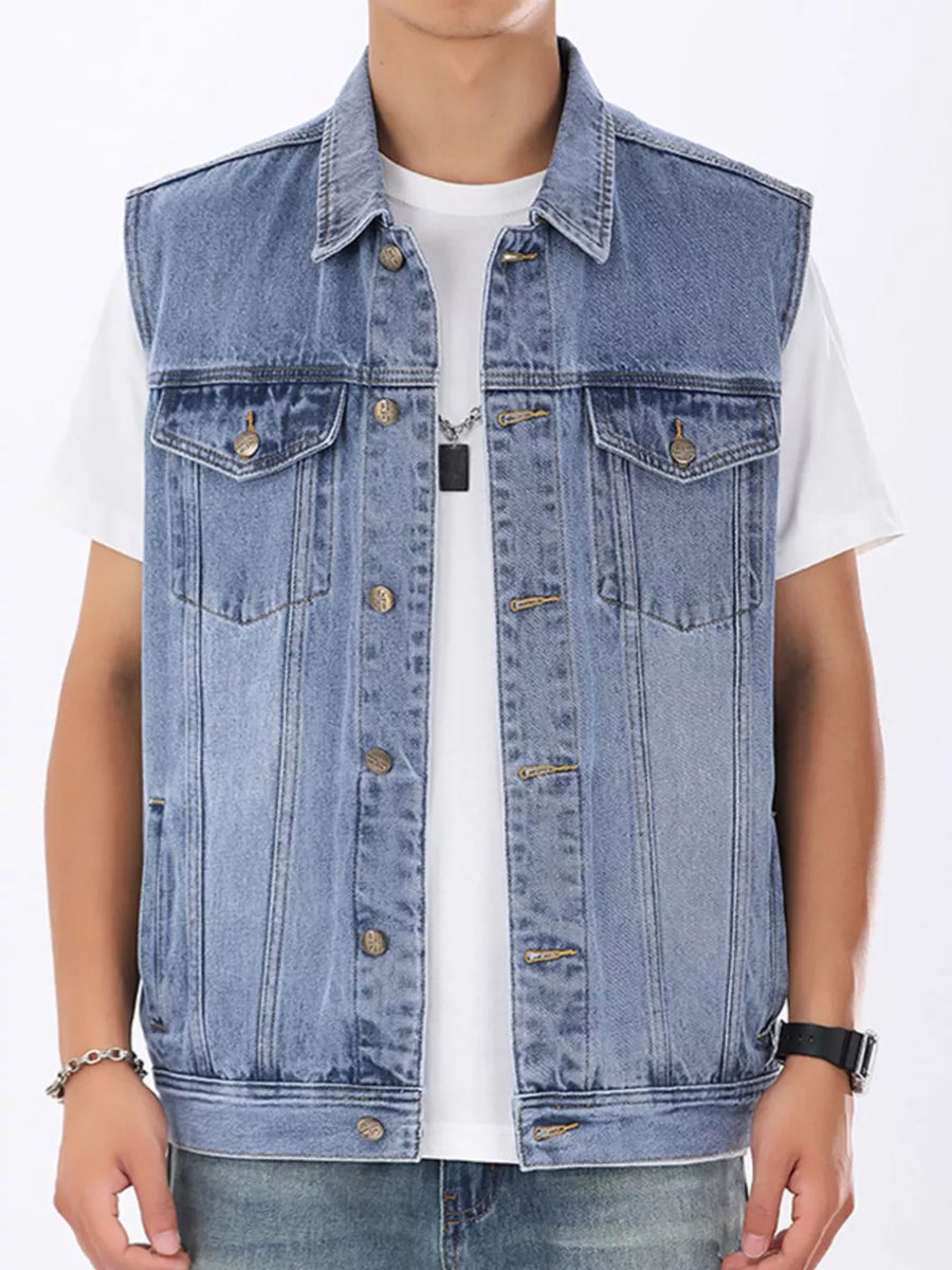 Light wash denim vest for men with button front and chest pockets.
