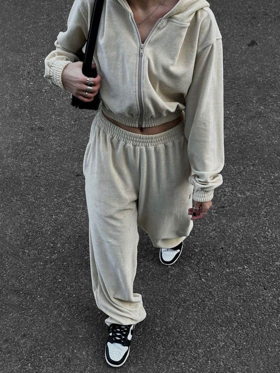 Apricot cropped zip hoodie and wide leg sweatpants set