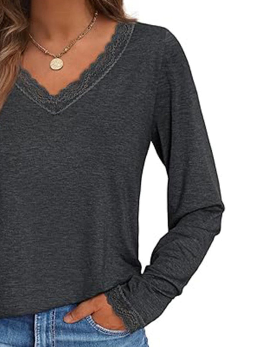 Dark Gray long sleeve t-shirt with lace trim V-neck and cuffs.