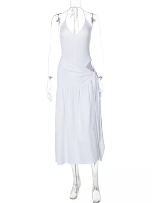 White halter neck ruched maxi dress with deep v-neck and tie detail