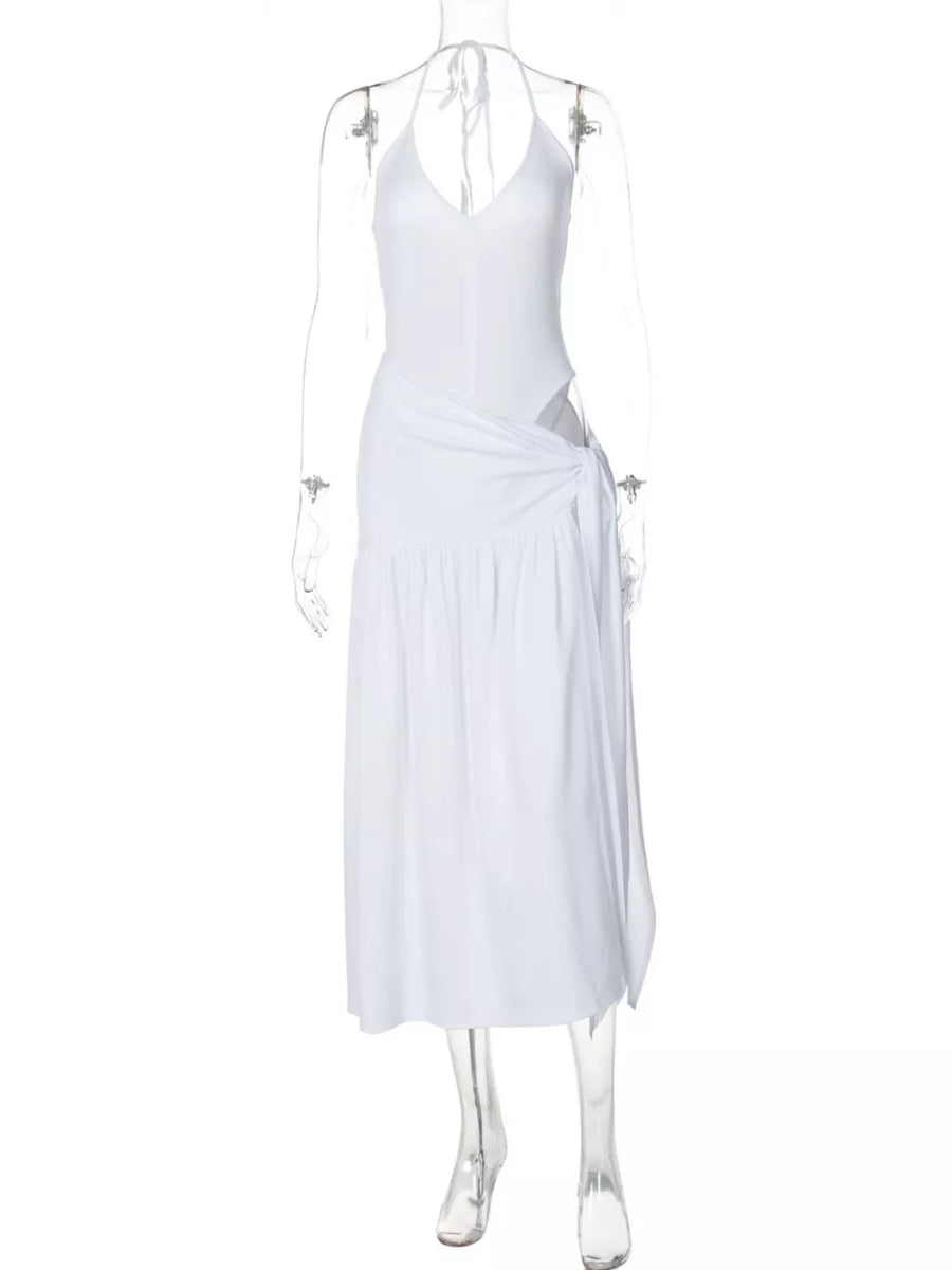 White halter neck ruched maxi dress with deep v-neck and tie detail