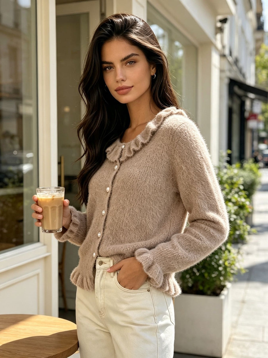 Black cardigan with pearl buttons and long sleeve
