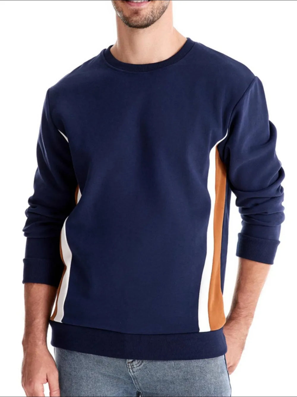 Navy crew neck sweatshirt with white and taupe side panels