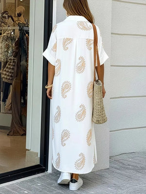 Dusty Blue with Floral Print Button-down Maxi Shirt Dress