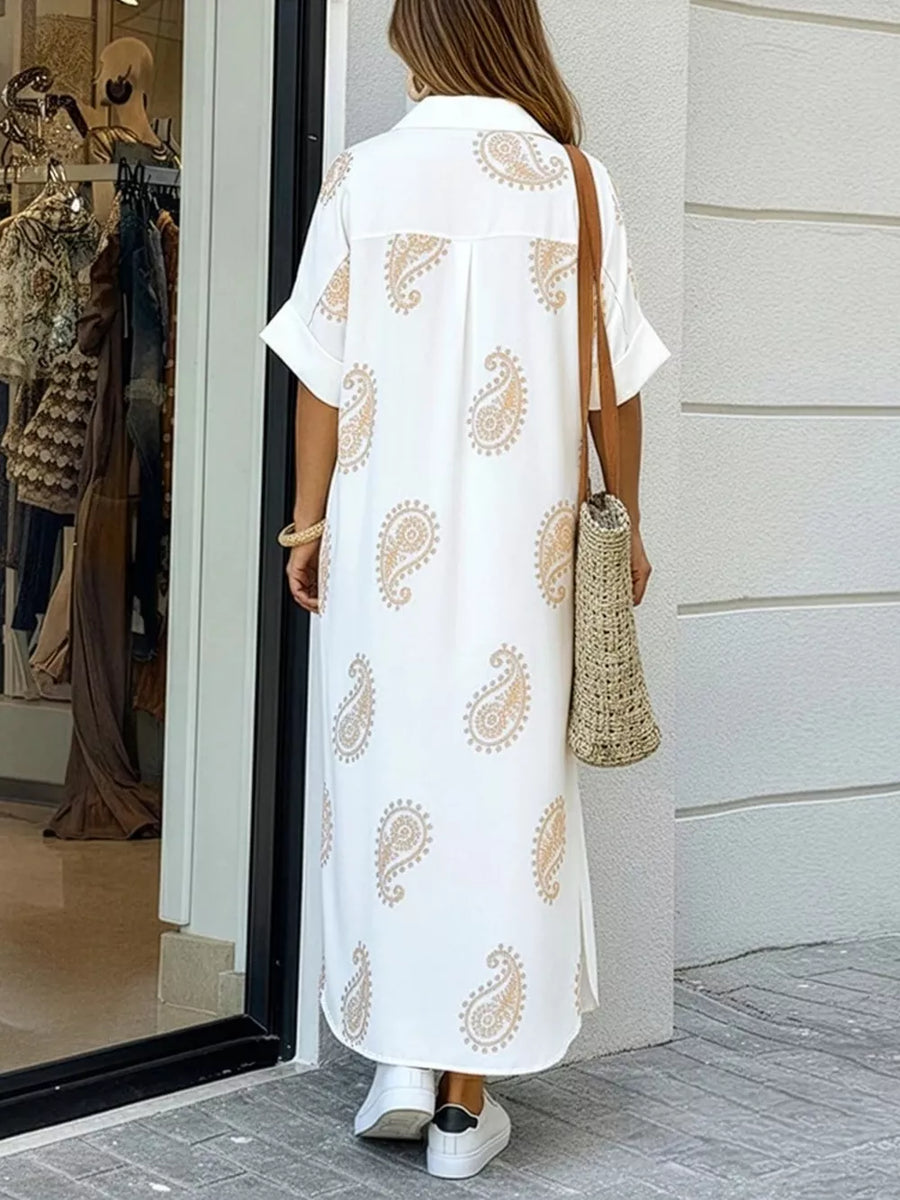 Dusty Blue with Floral Print Button-down Maxi Shirt Dress