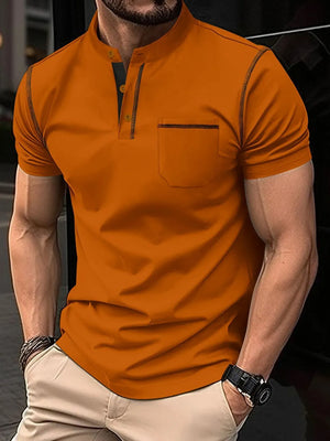 Terracotta polo shirt with mandarin collar, contrast stitching, and chest pocket.