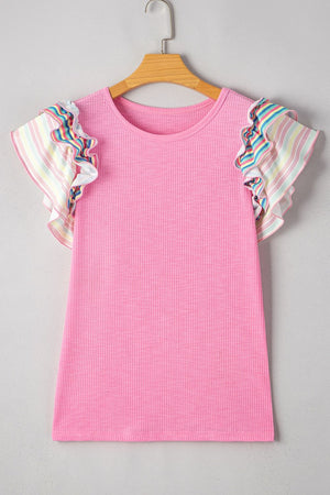 Pink ribbed knit top with pastel stripe ruffle sleeves