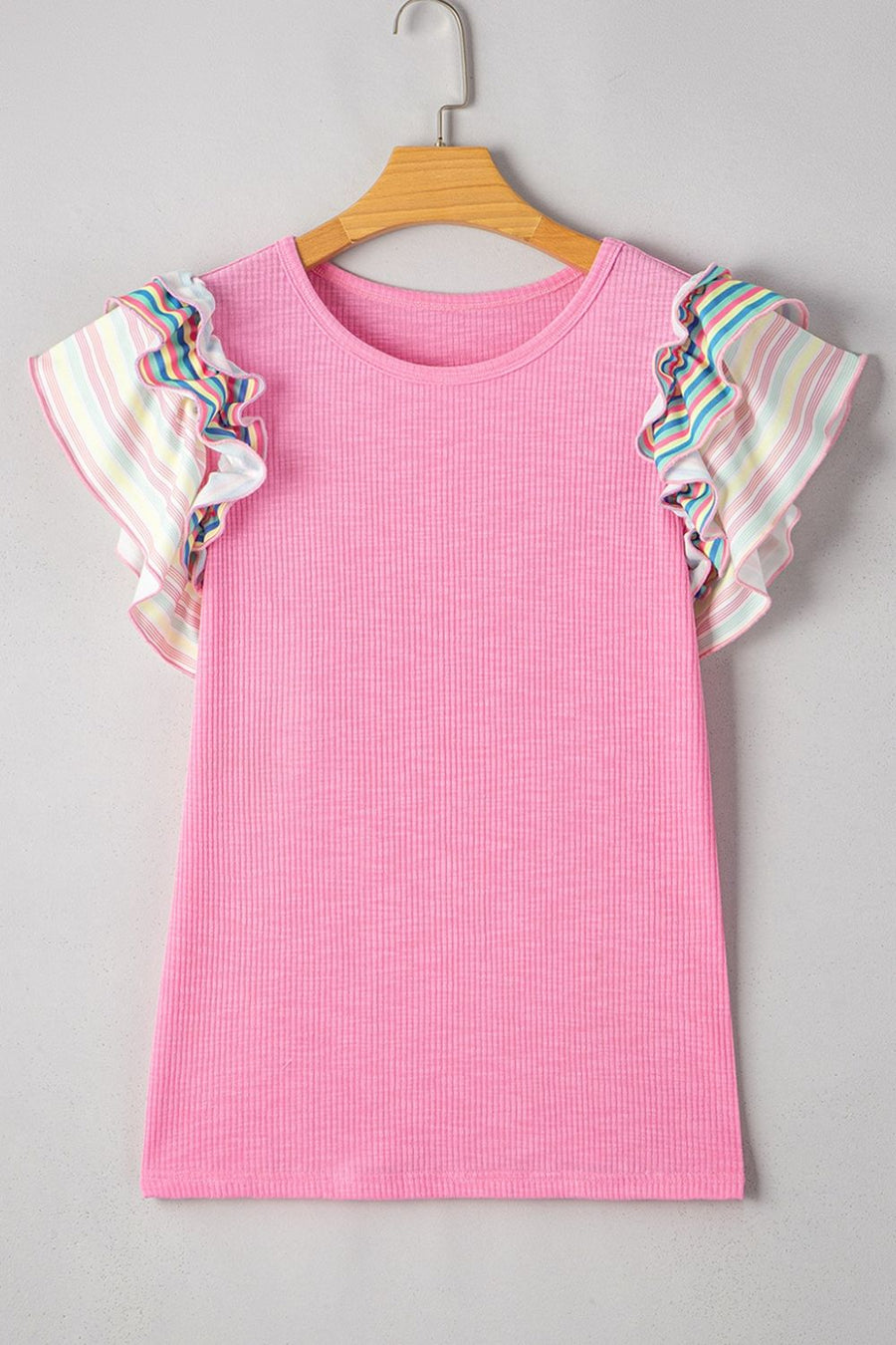 Pink ribbed knit top with pastel stripe ruffle sleeves