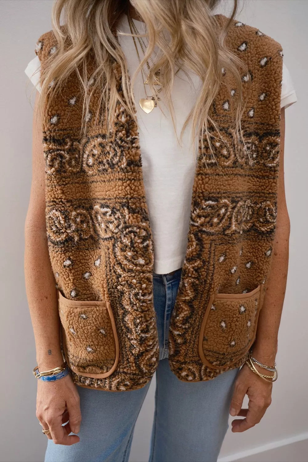 Cozy caramel sherpa vest coat with bandana pattern and pockets