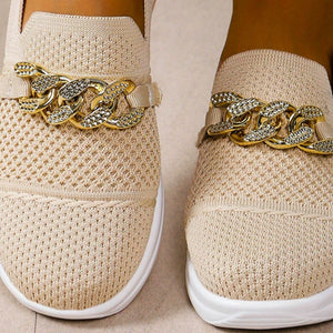 Beige mesh slip-on flats with chunky gold chain detail