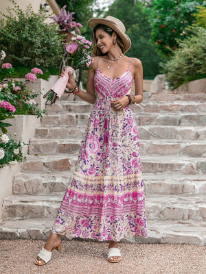 Pink floral print viscose maxi dress with spaghetti straps and drawstring waist.