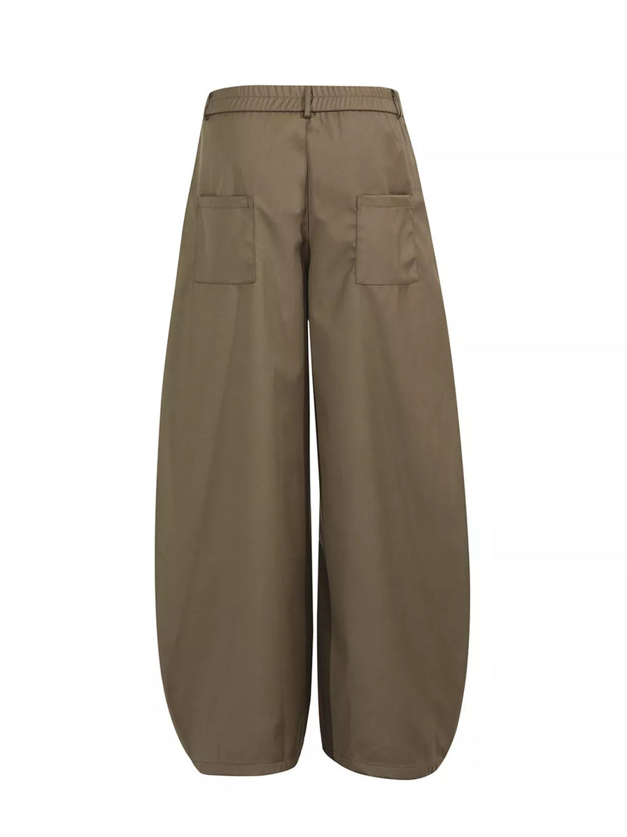 Brown wide-leg trousers with adjustable waist and large back pockets.