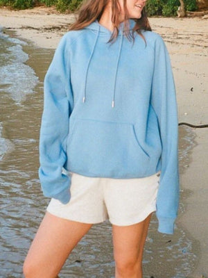 light gray pullover hoodie with stretch and raglan sleeve