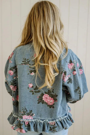 Floral Print Denim Jacket With Ruffled Hem in this colorway