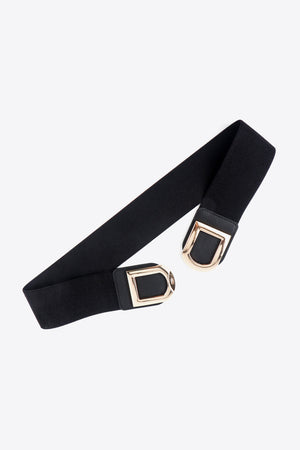 Black elastic belt with double gold square buckles