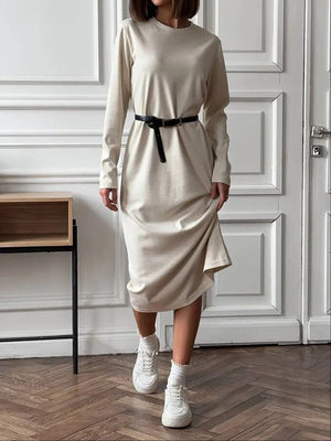 95% polyester, 5% spandex Care instructions: Machine wash cold midi dress in Dust Storm with straight silhouette