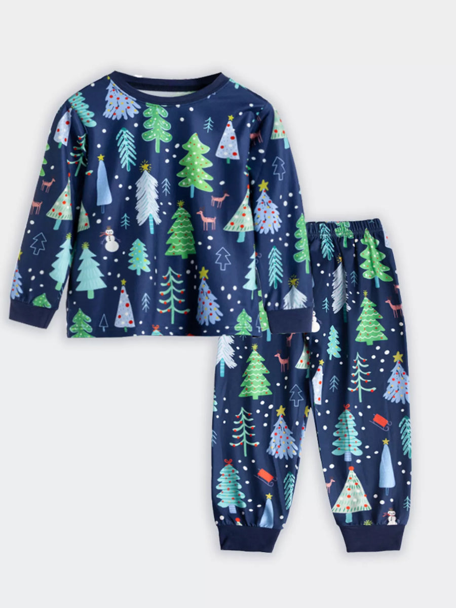 Navy Christmas tree print pajama set with long sleeves and pants.