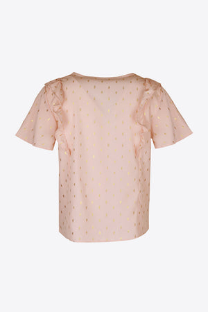 Watermelon pink blouse with gold diamond dots and ruffle sleeves.