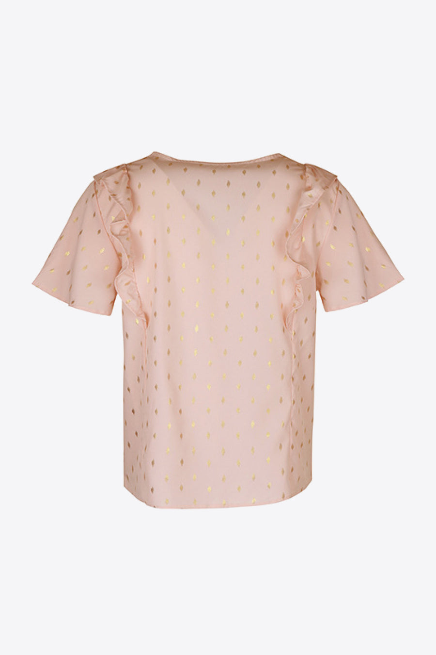 Watermelon pink blouse with gold diamond dots and ruffle sleeves.
