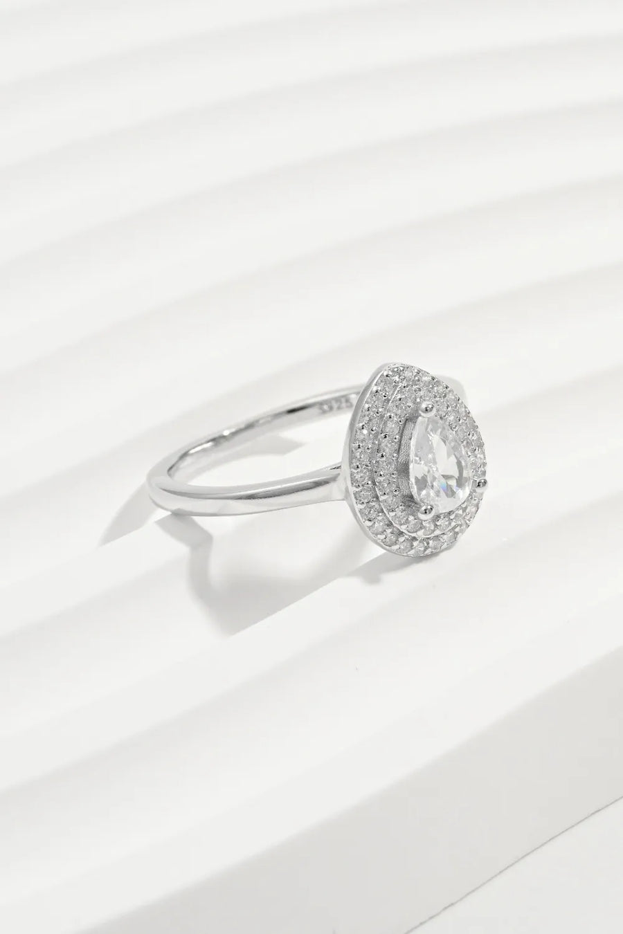 Silver double halo pear cut ring with clear stones