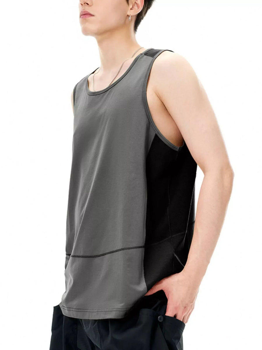 Men's grey and black color block tank top with crew neck and contrast stitching.