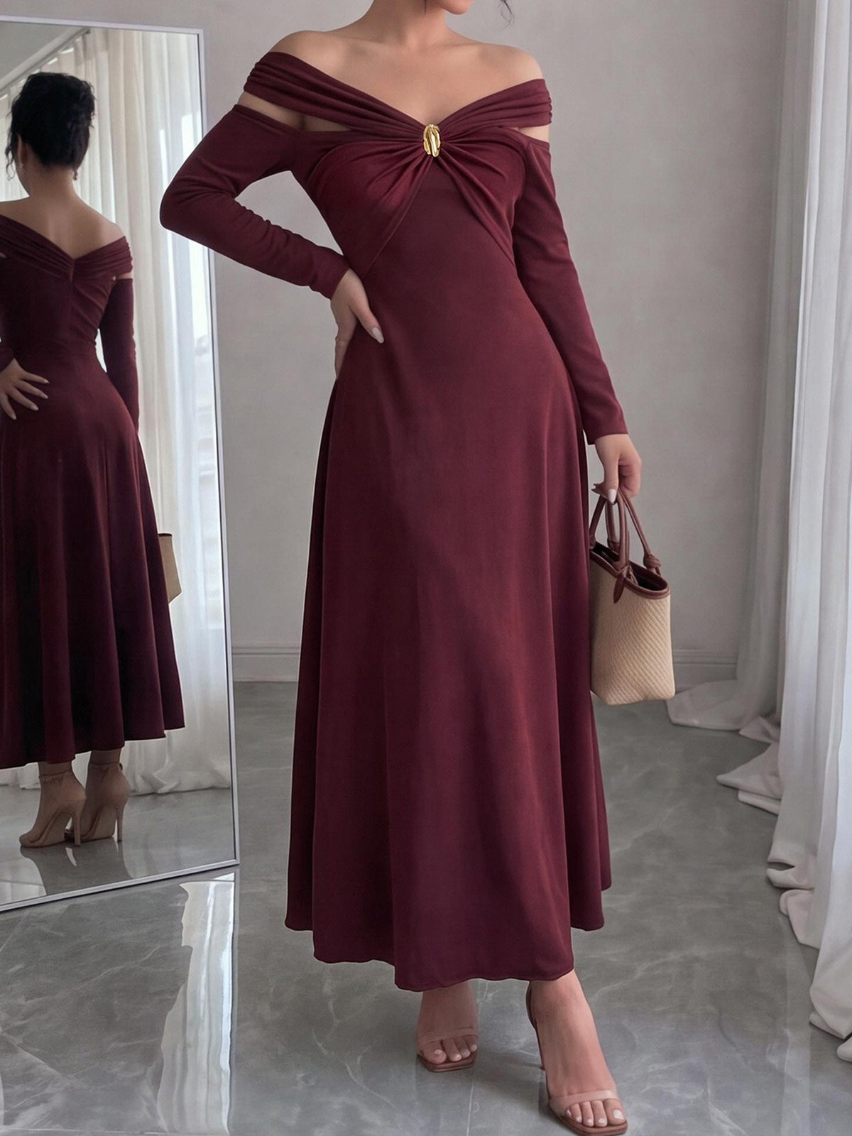 maxi dress in burgundy featuring ruched and A-line fit