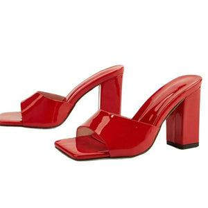 Red patent leather block heel mule sandals with square toe