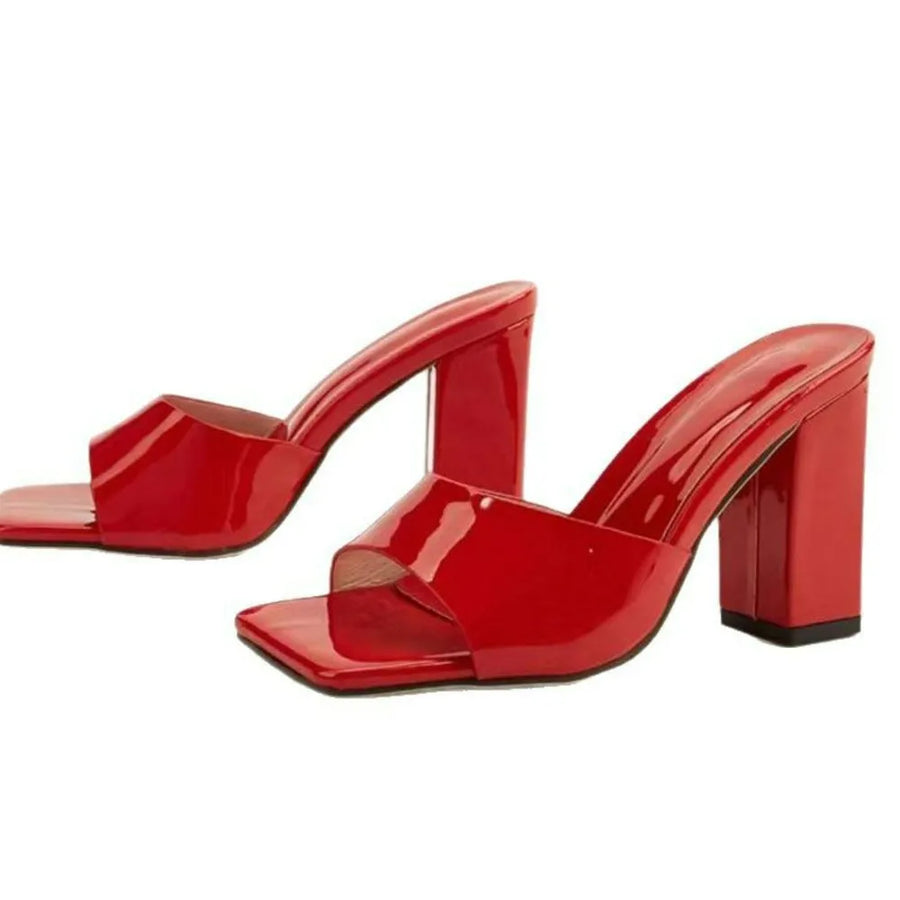 Red patent leather block heel mule sandals with square toe