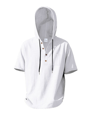 White short sleeve hooded henley shirt with button placket and chest pocket