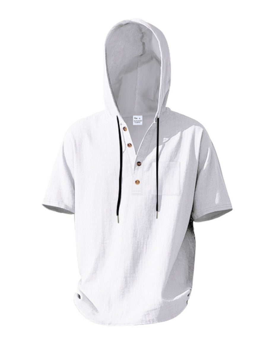 White short sleeve hooded henley shirt with button placket and chest pocket