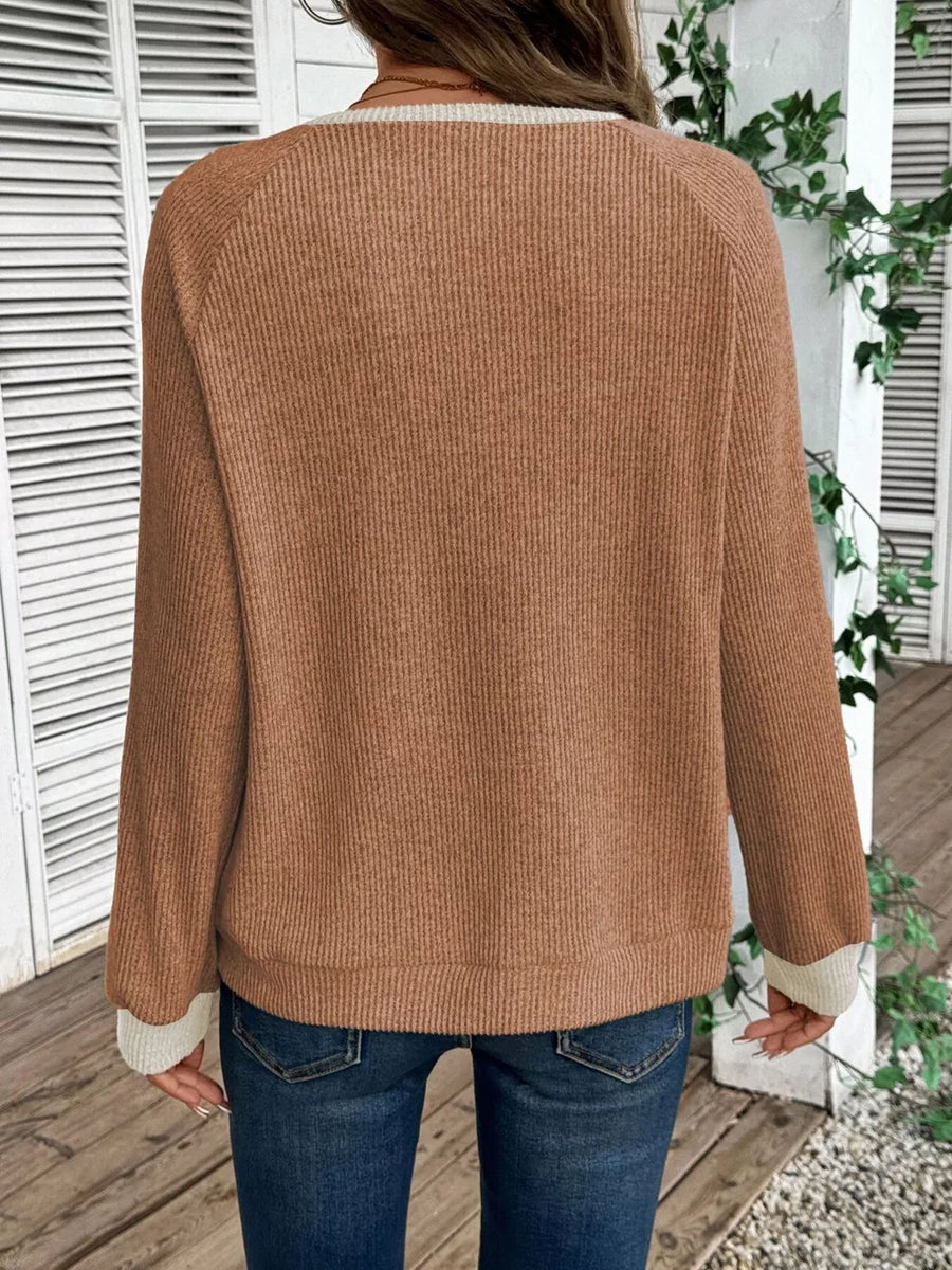 Chic ribbed two-tone maternity shirt in caramel with contrast trim.