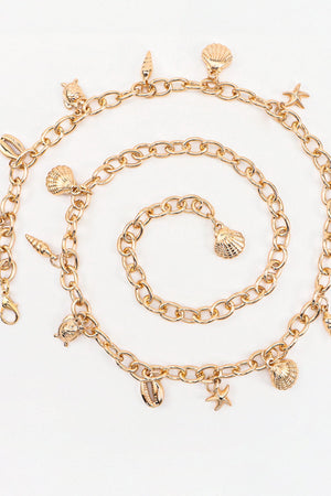 Gold chain belt with seashell, starfish, turtle, and conch charms