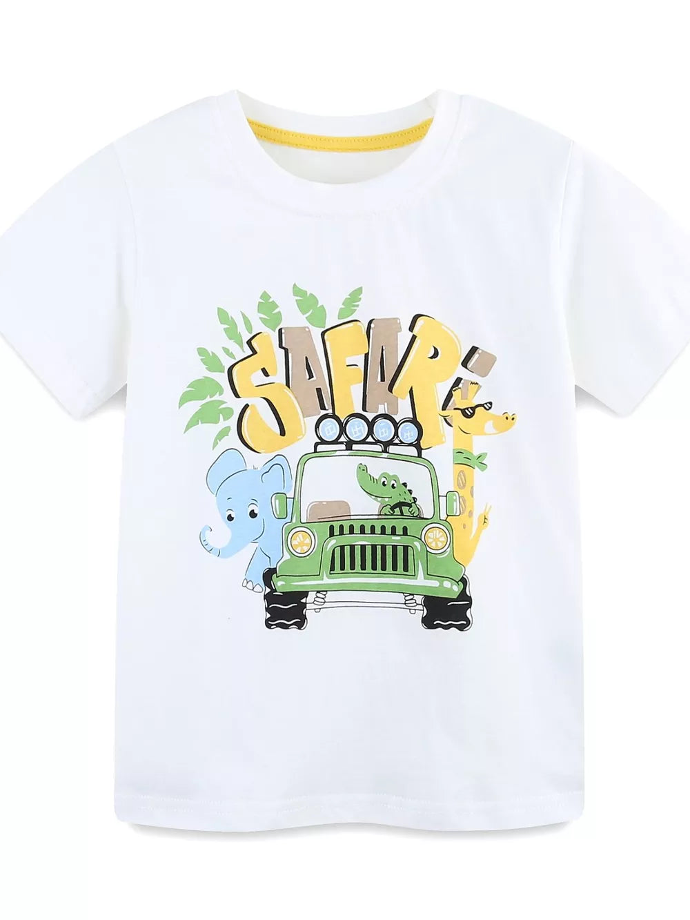 White graphic t-shirt with safari print featuring animals and a jeep.