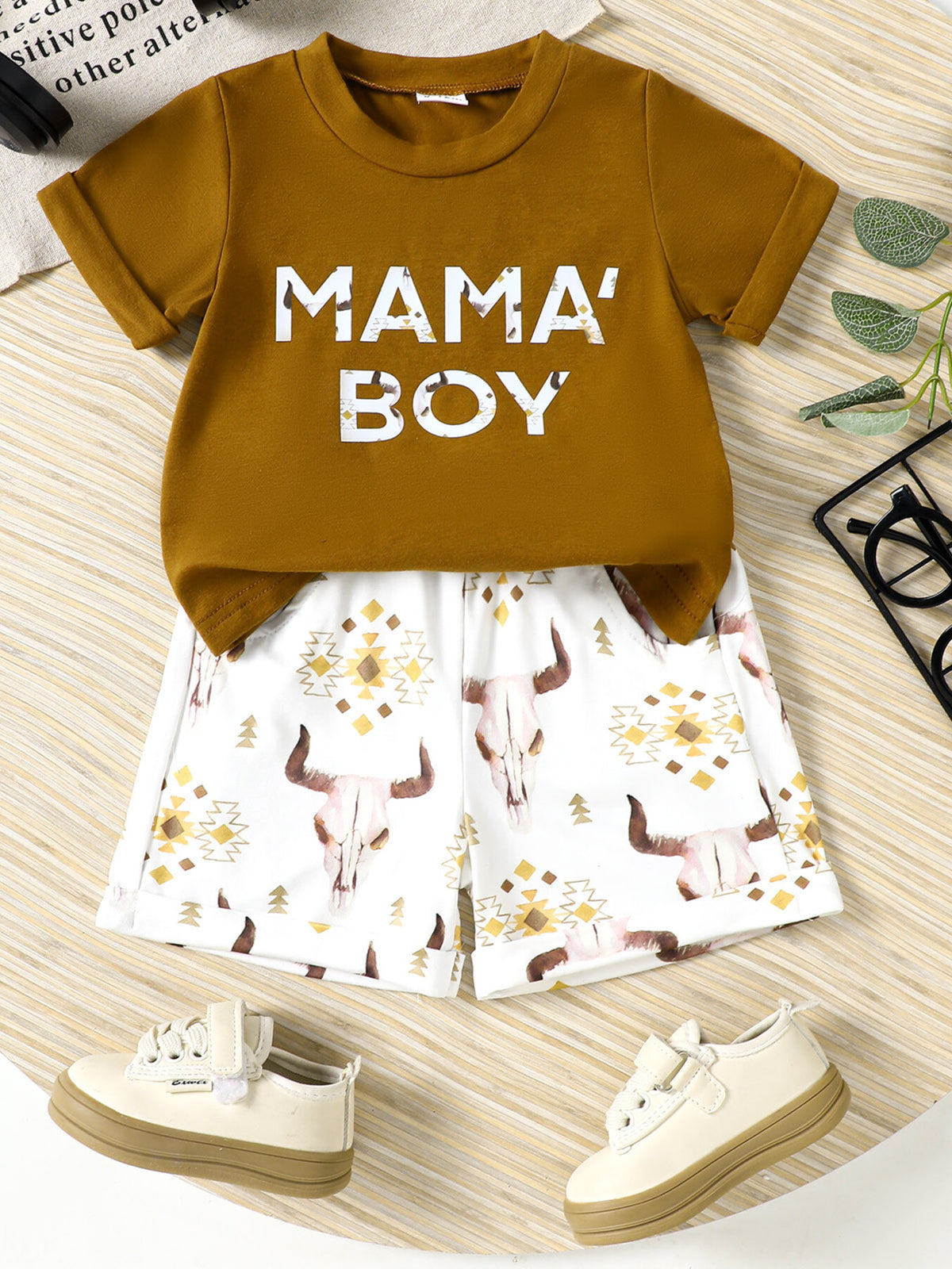 Caramel graphic tee and shorts set with bull skull and geometric print