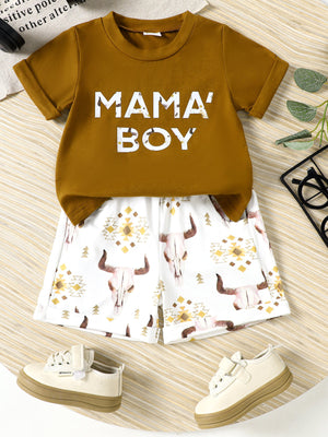 Caramel graphic tee and shorts set with bull skull and geometric print