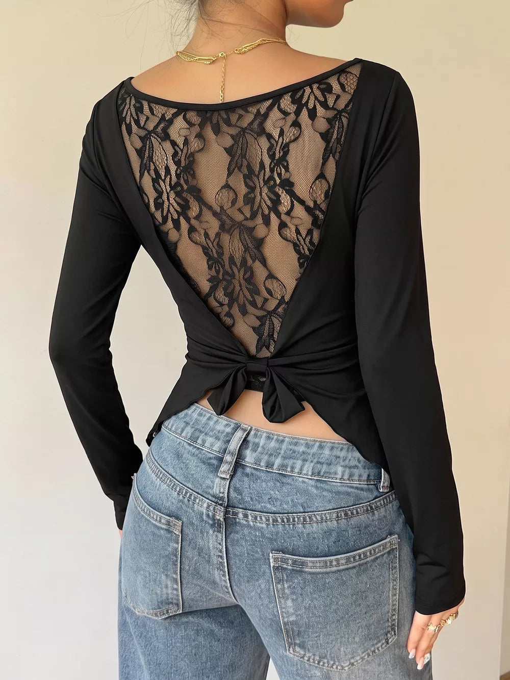 Black Lace Back Tie Long Sleeve Top